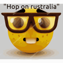 a yellow smiley face with glasses and the words hop on australia