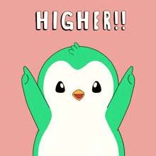 a cartoon penguin with arrows pointing up and the words higher on the bottom