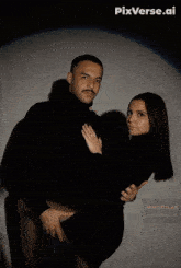 a man and a woman are hugging with pixverse.ai in the upper right corner