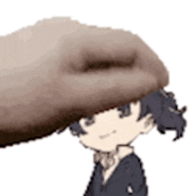 a cartoon character wearing a hat and a bow tie is being touched by a hand .