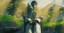 a blurred image of a person in a video game with trees in the background
