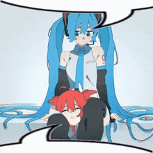 a drawing of a girl with blue hair and a red head