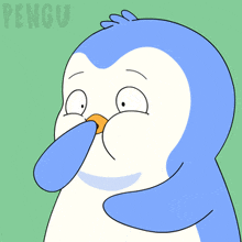 a blue and white penguin is covering its nose with its hand