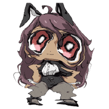 a cartoon drawing of a girl with bunny ears and big red eyes