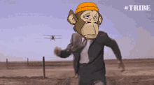 a cartoon of a monkey in a suit and tie running in the desert