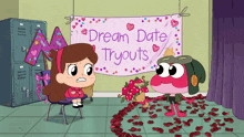 a girl sits in a chair in front of a sign that says dream date tryouts