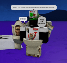 a cartoon of a toilet with the words meu dia mais normal usando 1x1 contra o gear on the bottom