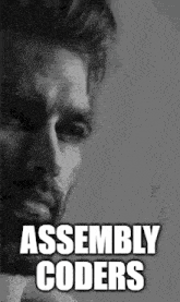 a man with a beard and the words `` assembly coders '' on his face .