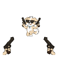 a dog wearing sunglasses is holding two guns