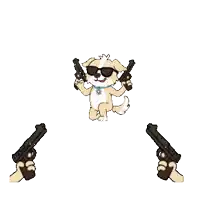 a dog wearing sunglasses is holding two guns