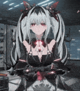 a girl in a black and white dress has a red light on her chest