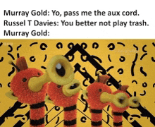 a group of stuffed animals on a yellow background with the words murray gold on the bottom