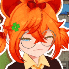 a girl with orange hair and glasses has a green clover on her head