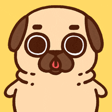 a cartoon drawing of a pug dog with a red tongue sticking out