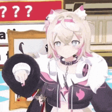 a 3d anime girl wearing headphones and a collar is holding a black object .