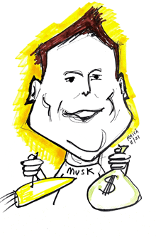 a drawing of a man with musk on his shirt holding a bag of money