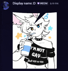 a drawing of a furry holding a drink that says i 'm not gay