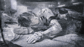 a black and white drawing of a person laying on a table with a display that says ' 00 ' on it