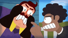a cartoon of a man with a beard pointing at another man with big teeth