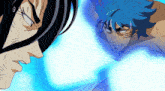 a cartoon of a man with blue hair and the number 9 on the bottom