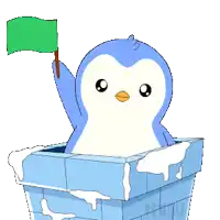 a penguin is holding a green flag in a bucket with the word pengu on the bottom