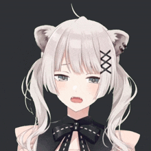a close up of a girl with white hair and a bow