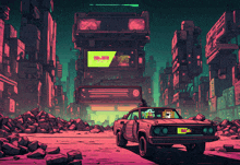 a car is parked in front of a building with a neon sign that says ' a.j.m. ' on it
