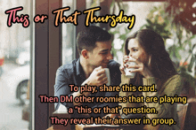 a man and a woman are sitting at a table drinking coffee with the words " this or that thursday " above them