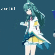 a girl with green hair is standing in front of a sign that says " axel irl "