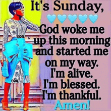 a woman in a blue dress stands in front of a sign that says it 's sunday
