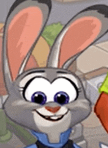 a close up of a cartoon rabbit 's face with purple eyes .