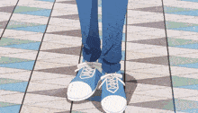 a person wearing a pair of blue and white shoes