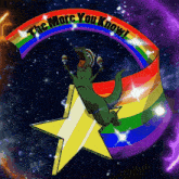a cartoon of a dinosaur holding maracas under a rainbow that says " the more you know "