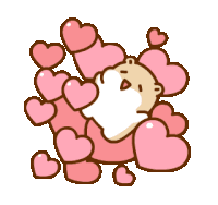 a cartoon hamster is surrounded by pink hearts on a white background