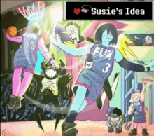 a cartoon of a group of people playing basketball with the words susie 's idea above them .
