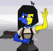 a cartoon character with a blue and yellow face and yellow arms