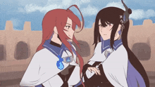 two anime characters are standing next to each other and one has a sword in her hair