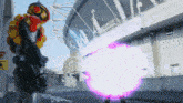 a purple light is coming out of a robot 's hand