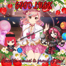a picture of a girl with a microphone and the words good luck