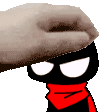 a hand is petting a cartoon character with a red scarf on his neck .