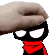 a hand is petting a cartoon character with a red scarf on his neck .