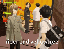 a man in a suit is standing next to another man with the words " rider and yellowtree " written below him