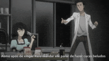 a man in a white coat stands next to a woman in a blue dress and says asmo após de xingar ka