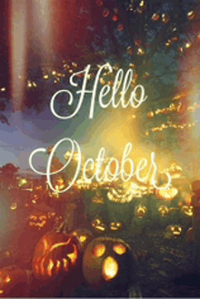 a poster that says hello october with pumpkins in the foreground