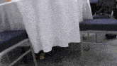 a person 's feet are visible under a table cloth