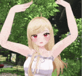 a girl with blonde hair and red eyes is standing in a park with her arms outstretched