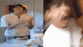 a woman in a white shirt is standing in a kitchen with her hands outstretched .