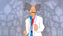 a cartoon of a man in a lab coat holding a microphone with the letter e on it