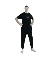 a man in a black shirt that says yes