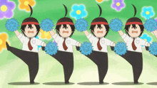 a group of cheerleaders are holding pom poms in a row